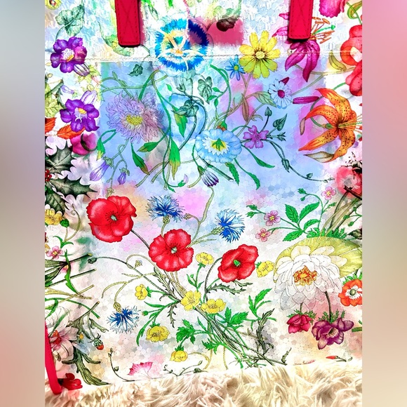 GUCCI Textured Vinyl Flora Printed Tote Bag w/ pink Leather Straps - Picture 2 of 9